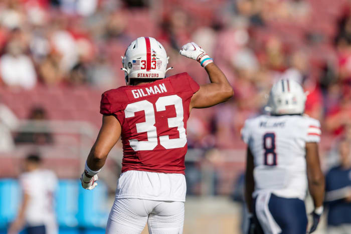 Sep 23, 2023; Stanford, California, USA; Stanford Cardinal safety Alaka'i Gilman (33) Stanford Cardinal running back Kenaj Washington (33) reacts after a tackle against the Arizona Wildcats during the first quarter at Stanford Stadium. Mandatory Credit: John Hefti-USA TODAY Sports